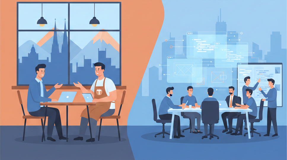 Illustration comparant un développeur web freelance et une agence web pour la création de site internet à Clermont-Ferrand