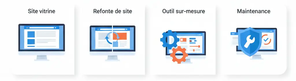 Illustration montrant les différents types de sites internet pour TPE : site vitrine, refonte, outil sur-mesure et maintenance